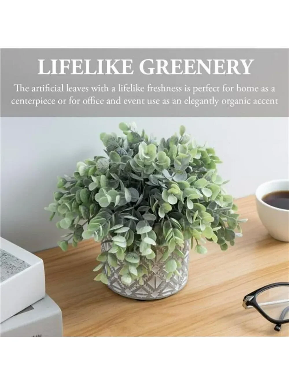 Artificial eucalyptus plant faux greenery in gray concrete pot home office decor